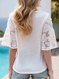 LACE-TRIM BELL SLEEVE V-NECK SOLID SHIRT TOP