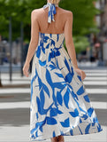Holiday Botanical Halterneck Slit Dress – Tropical Resort Maxi