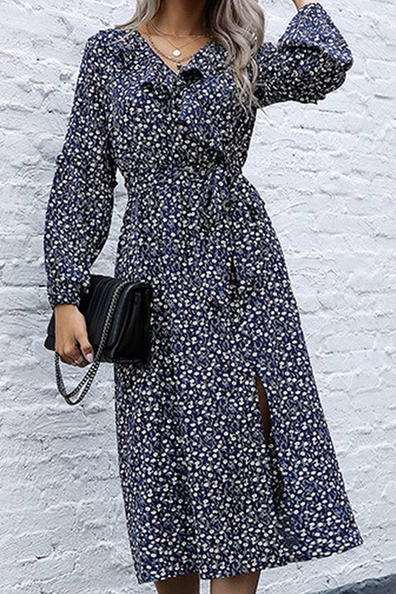 V Neck Long Sleeved Floral Dress_Cwdsd2278