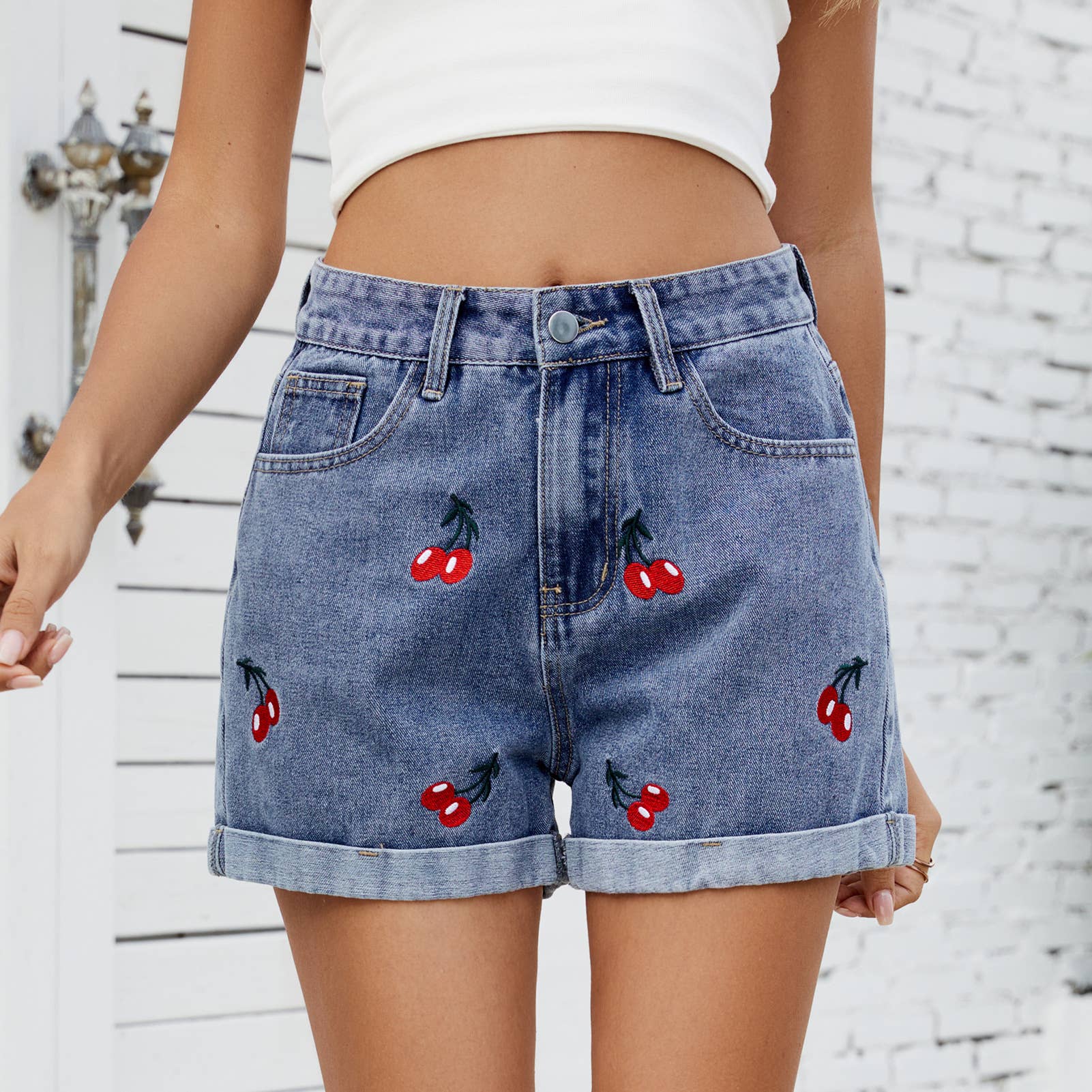 Washed Cherry Embroidered Denim Shorts Hot Pants
