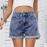Washed Cherry Embroidered Denim Shorts Hot Pants