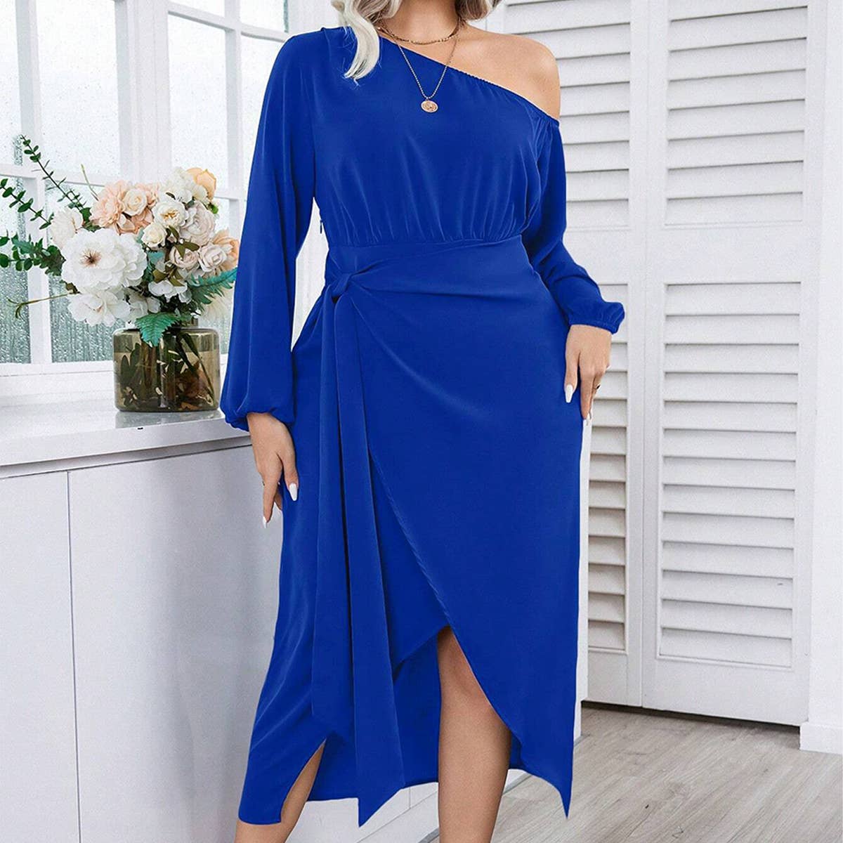 ELEGANT ASYMMETRICAL NECK LONG SLEEVE MIDI DRESS_CWDMD6051