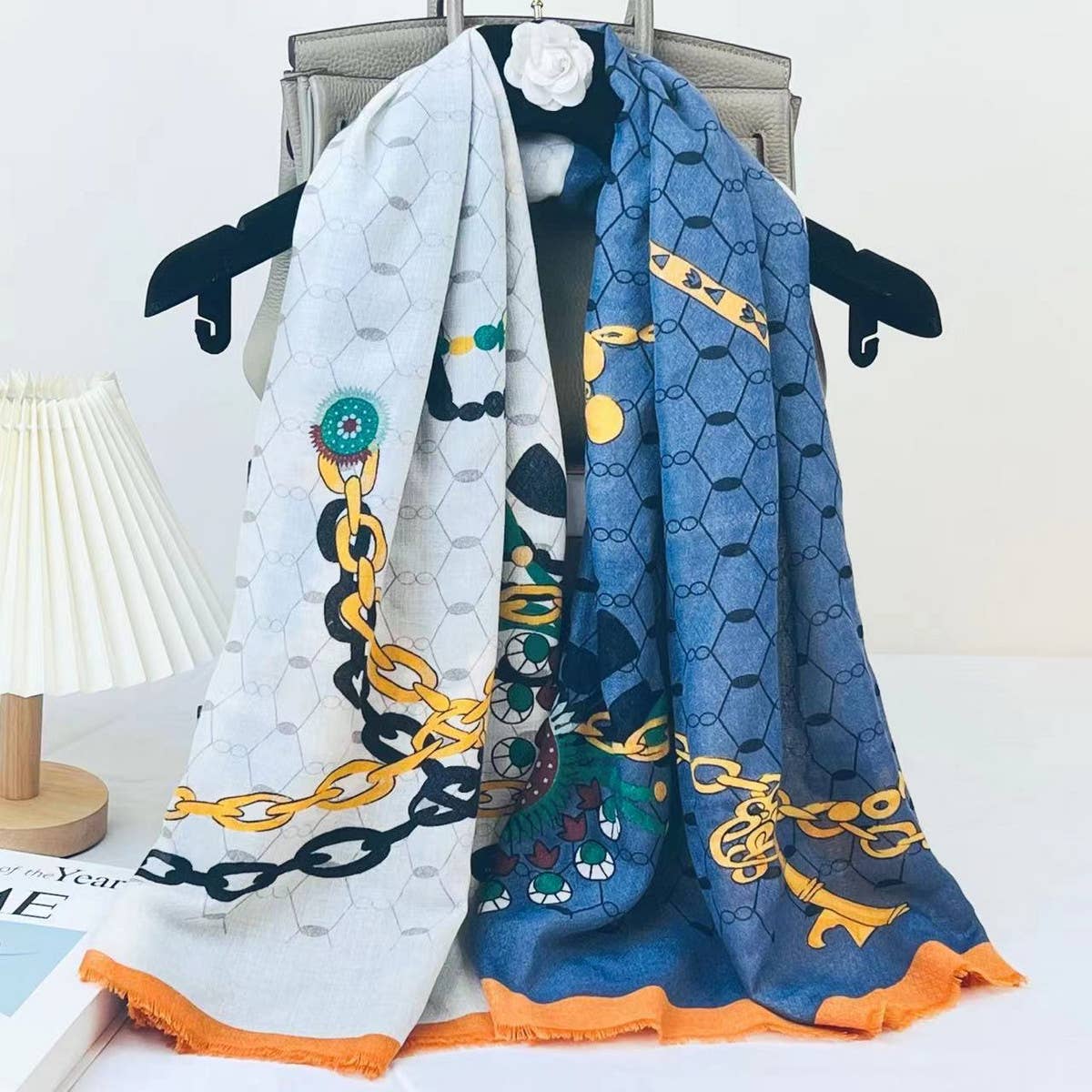 CHAIN PRINT SILK WOOL SCARF LUXURY TRAVEL SHAWL_CWASC0895