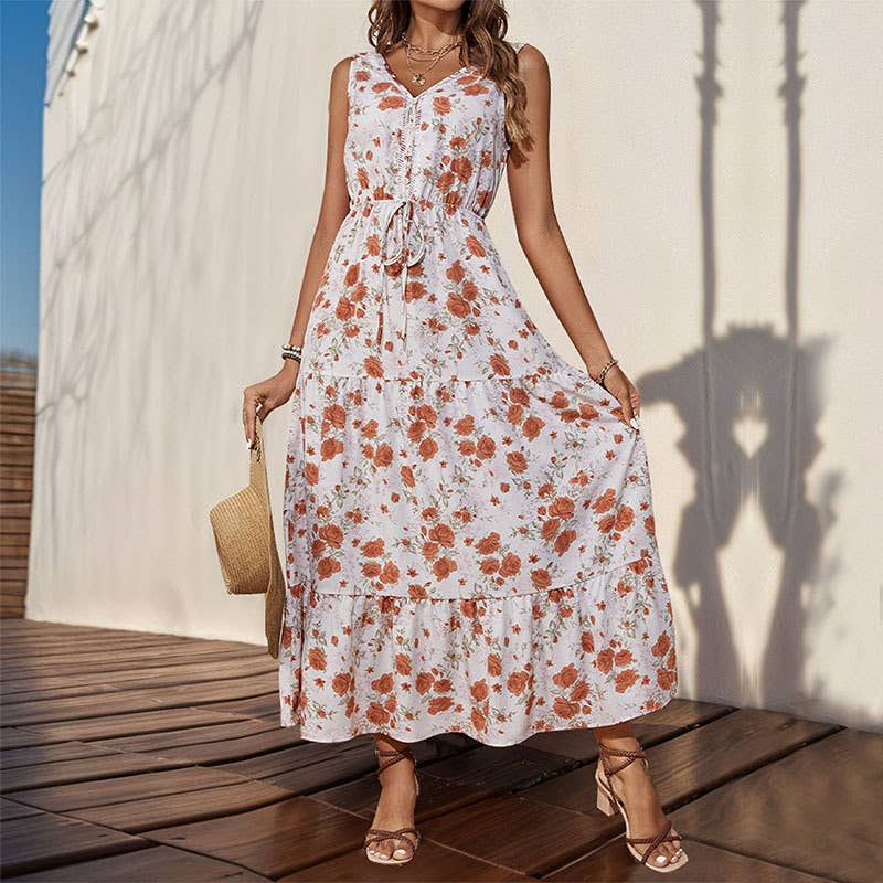 V-Neck Printed High Waist Waist Long Swing Dress