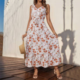 V-Neck Printed High Waist Waist Long Swing Dress