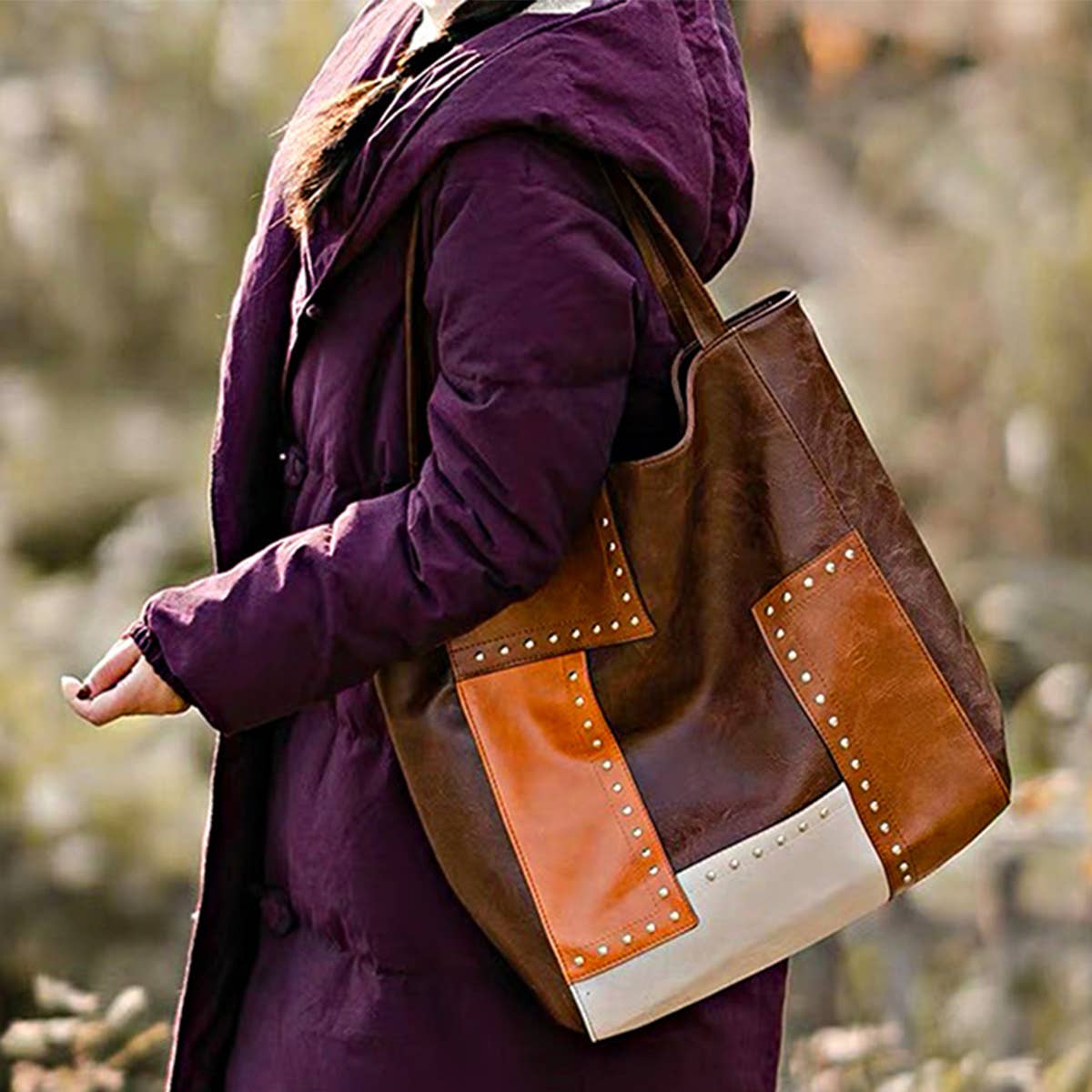 Women Rivet Contrast Splicing One Shoulder Handbag_Cwab0564