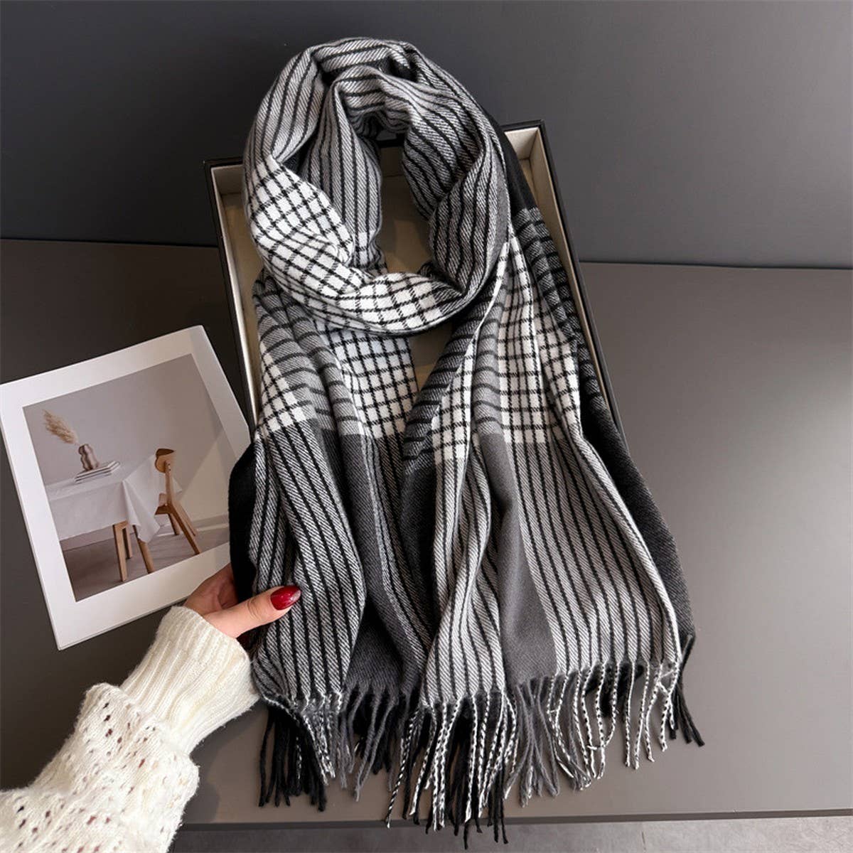 Colorblock Plaid Tassel Scarf Wrap For Winter_Cwasc03275