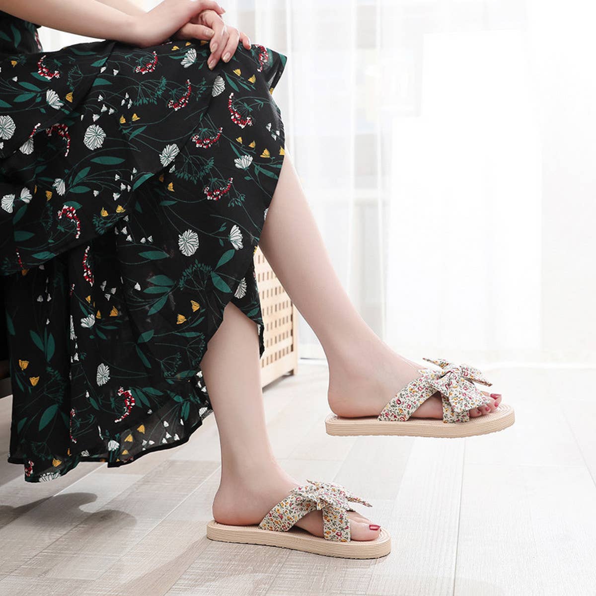 New Printed Flower Bow Sandals_Cwshs0724