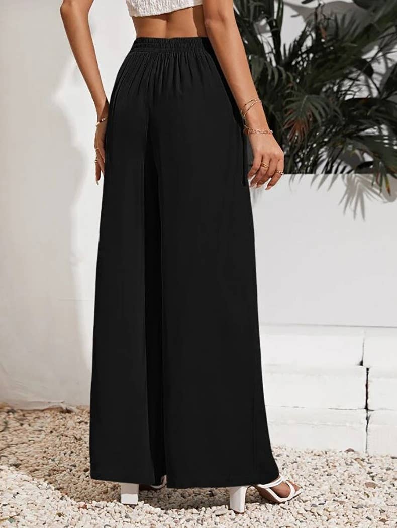 Solid-Color Loose Tight Waistband Wide-Leg Pants