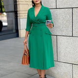DOUBLE BREASTED SUIT COLLAR SOLID COLOR DRESS_CWDMD3660