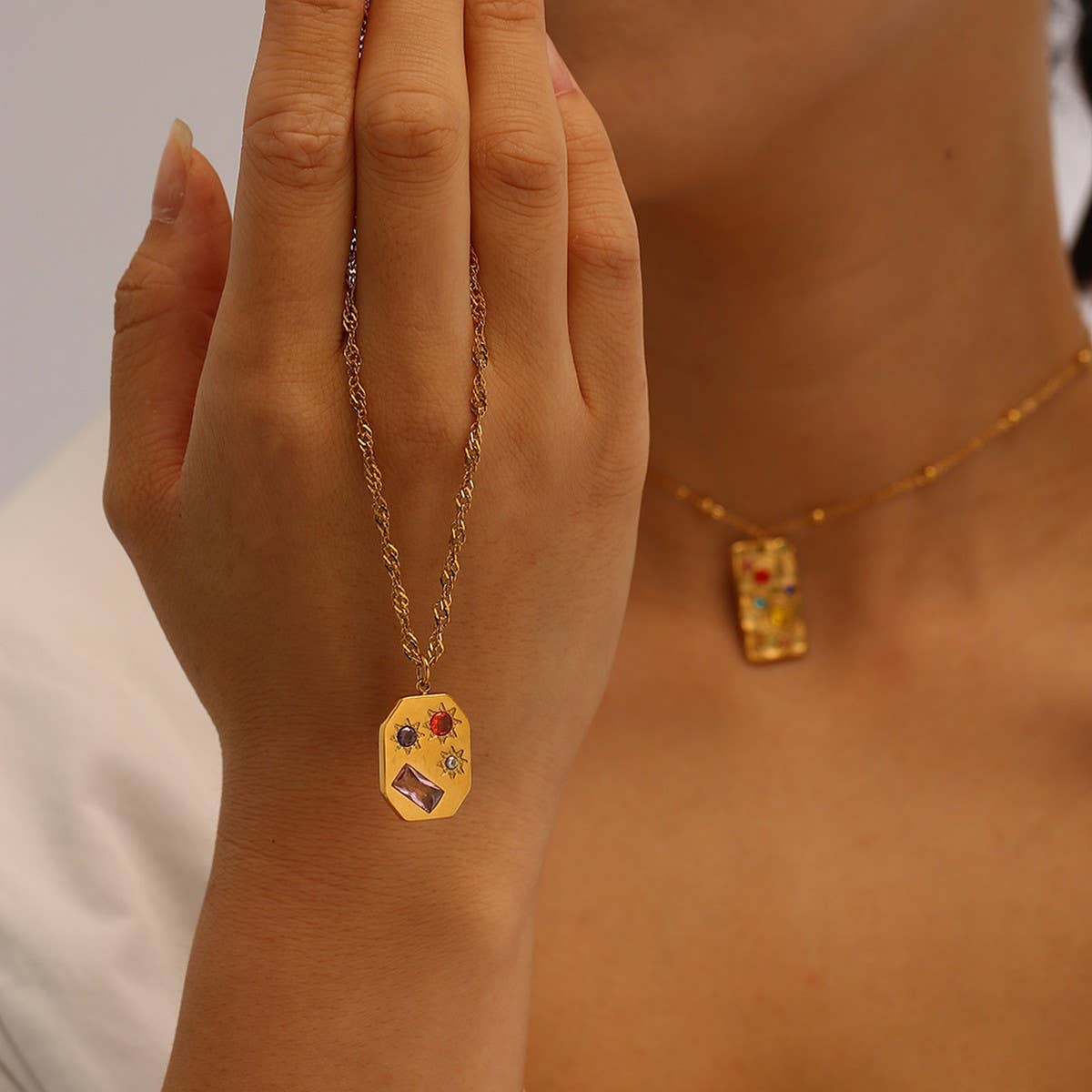 18K STAINLESS STEEL MULTICOLOR GEMSTONE NECKLACE_CWMM8888