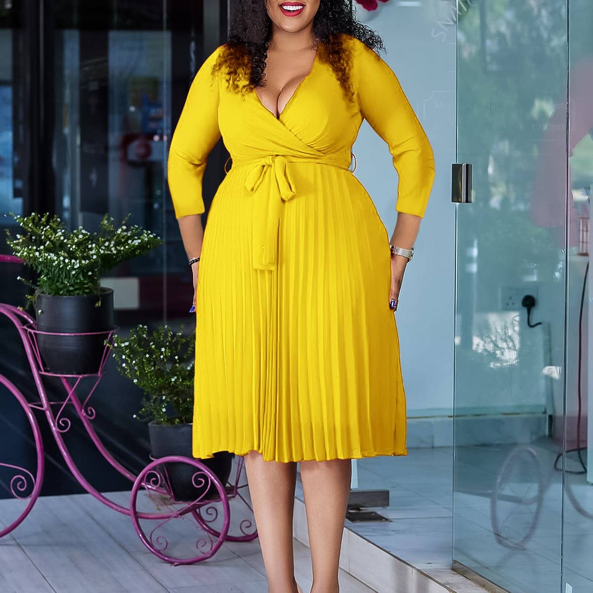 SOLID COLOR V NECK LONG SLEEVE PLEATED SKIRT DRESS_CWDSD6145