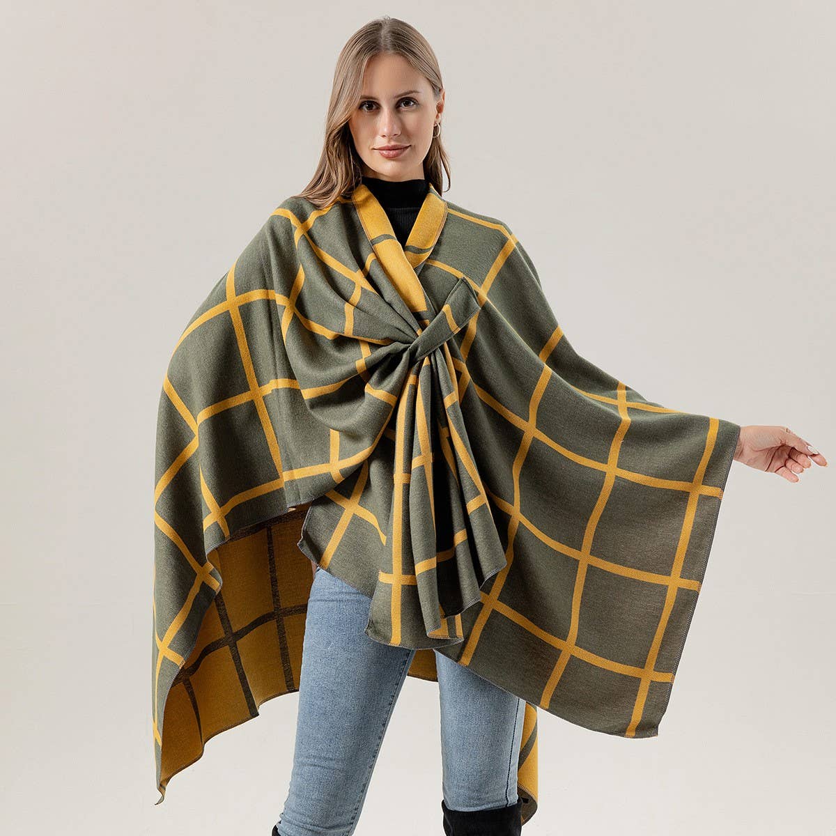 SIDE STRAP SHAWL PLAID SLIT CAPE WARM SCARF_CWASC2167
