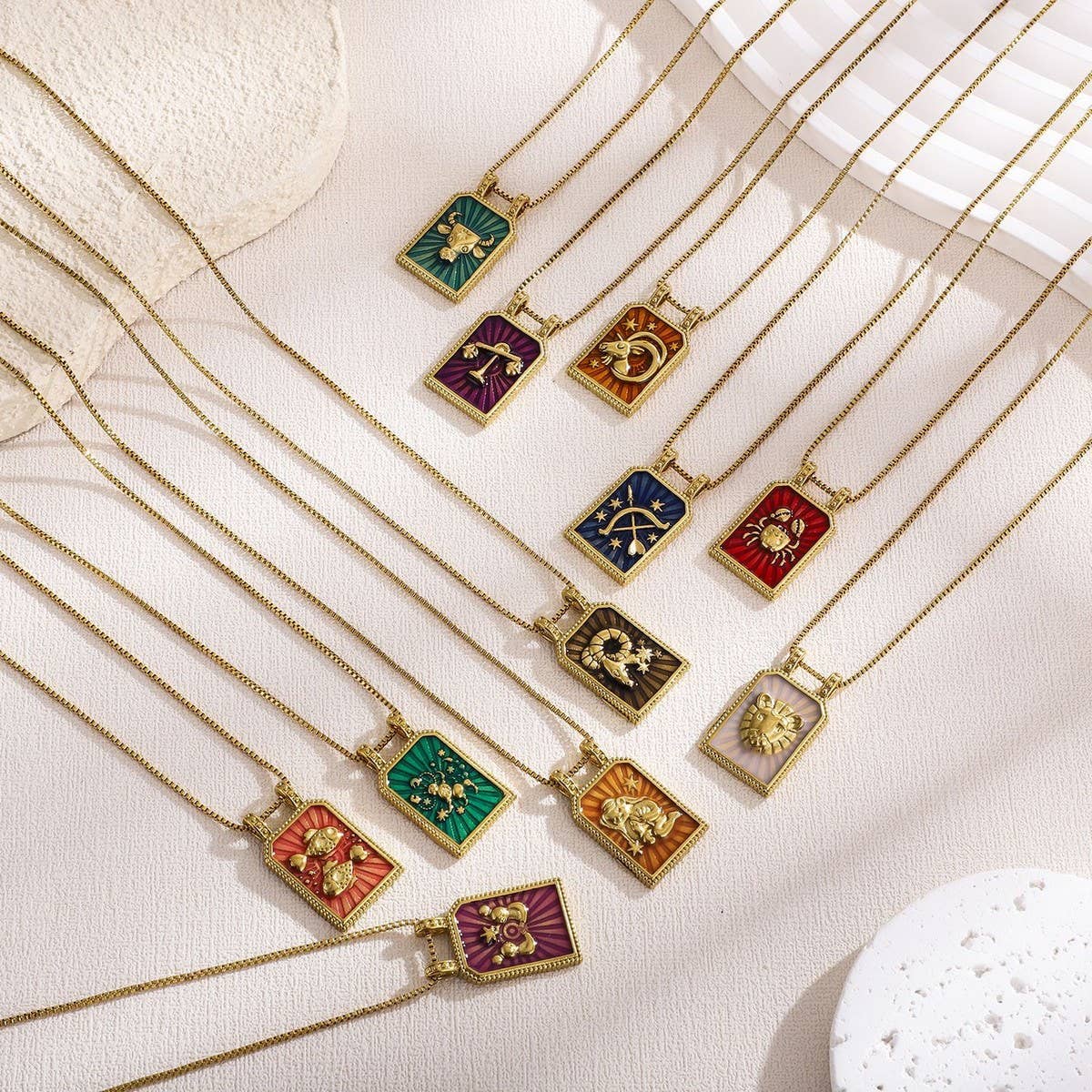 Vintage Square Zodiac Necklace With Enamel_Cwmm8840