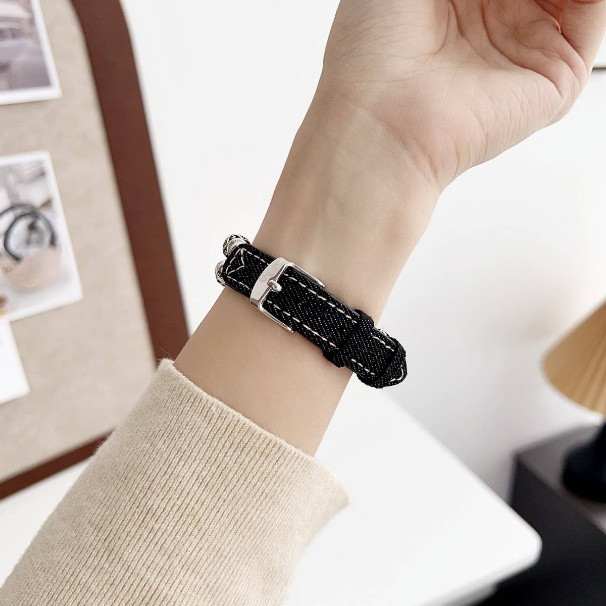 IWATCH9 1 14MM TIBETAN SILVER DENIM LEATHER STRAP_CWASC1544