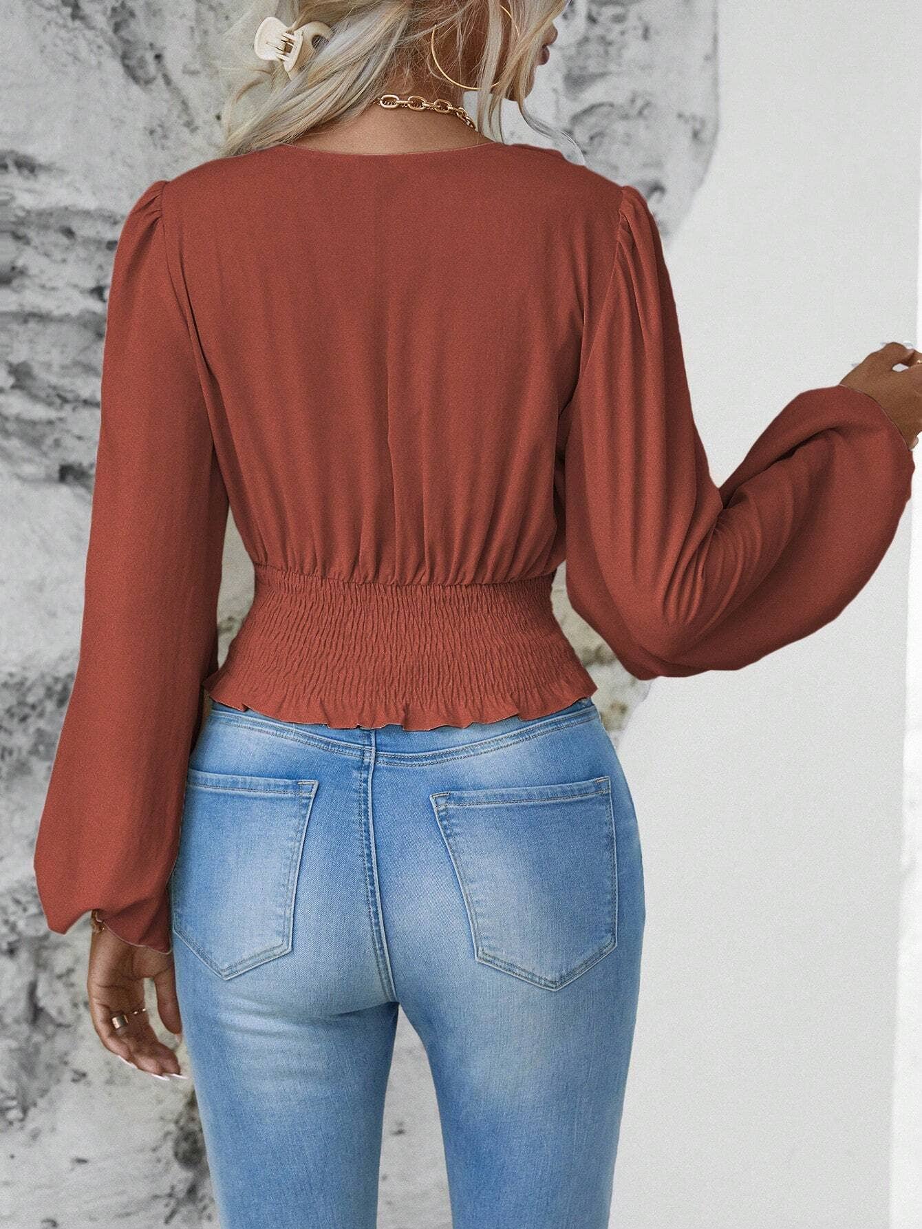 Waistband V-Neck Sleeved Ruffled Long-Sleeved Top
