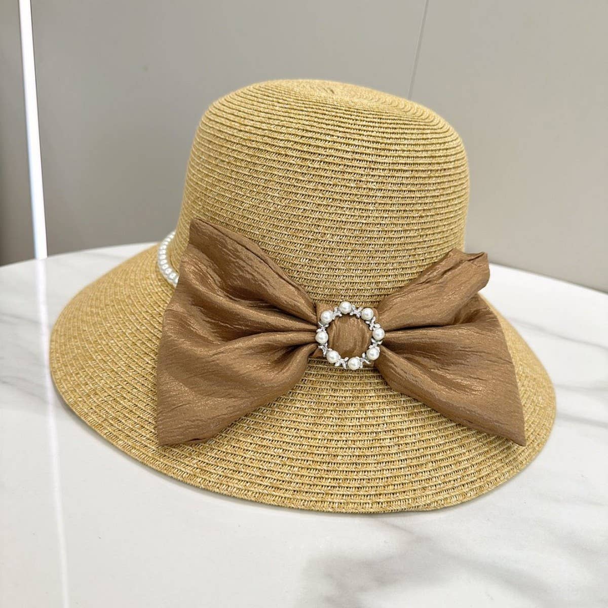 FASHIONABLE PEARL BUTTON BOW SUN HAT_CWAH3595