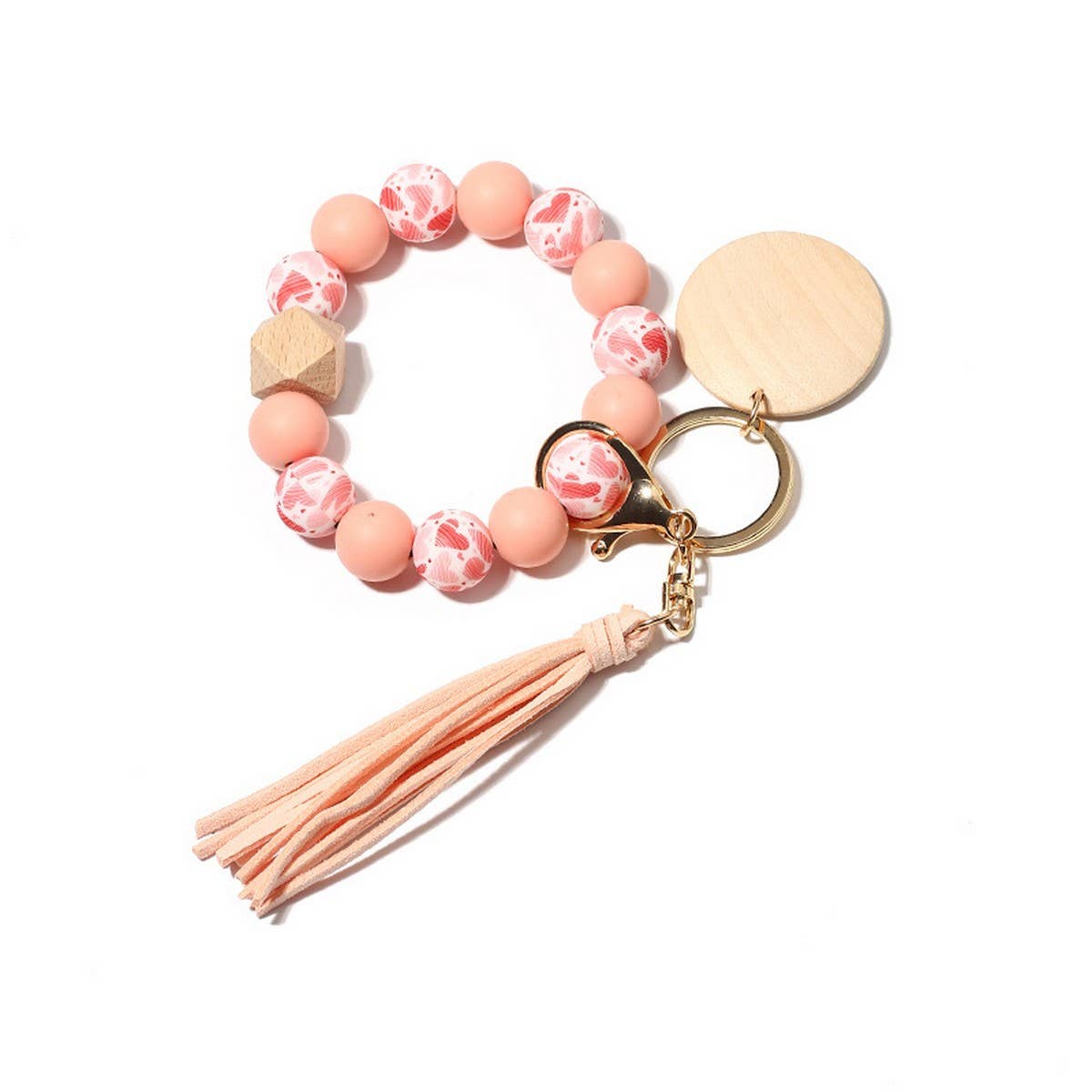SILICONE BEAD BRACELET KEYCHAIN WITH BEECH WOOD_CWMM6873