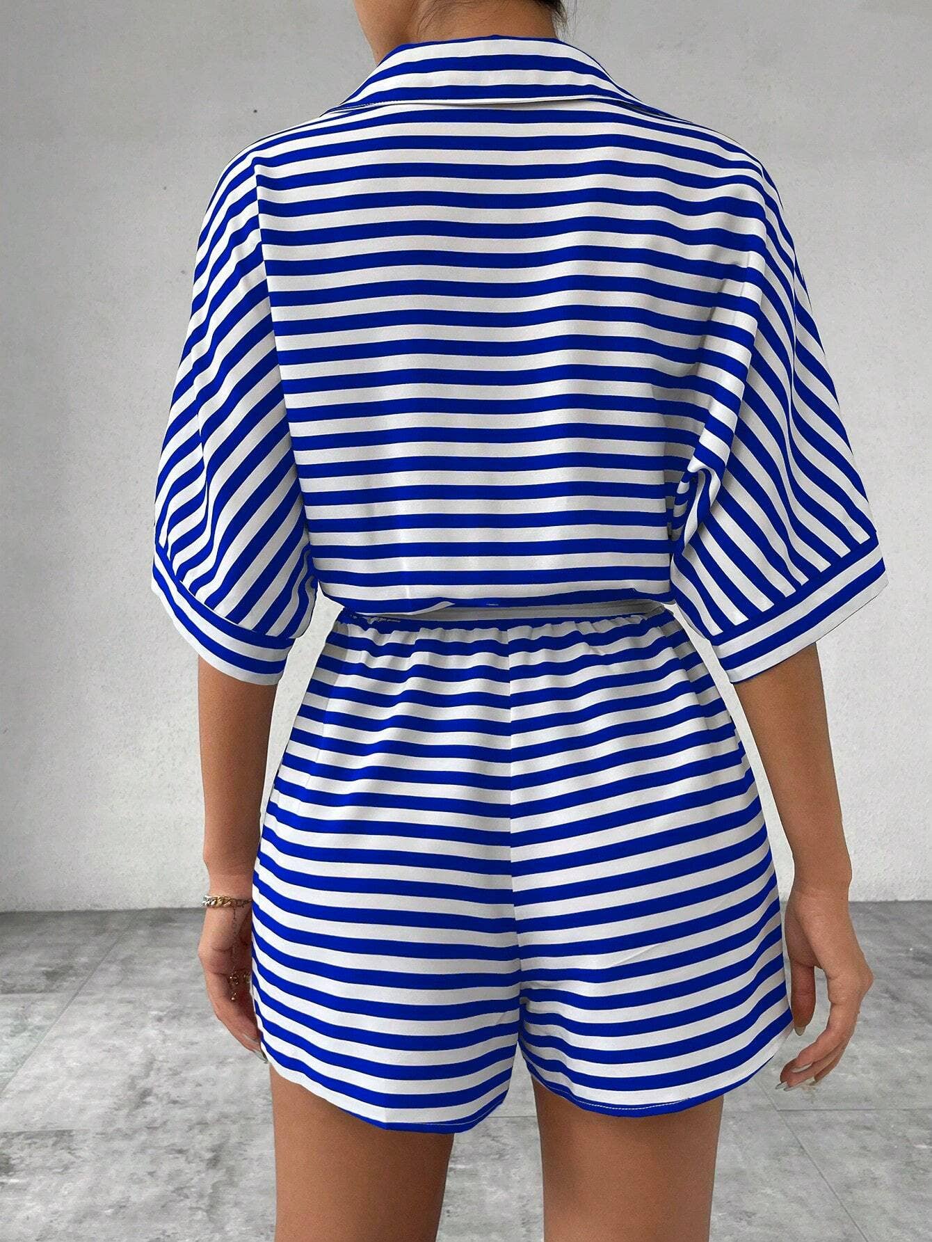 Striped Lapel Belted Shorts Short Sleeved Onesie