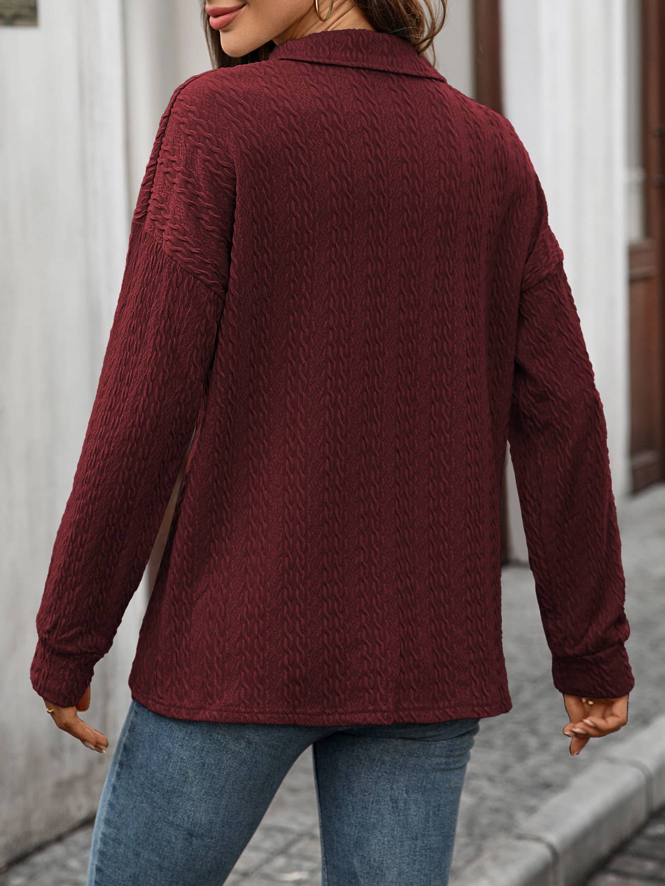 Solid-Color Lapel Button Long-Sleeved Sweatshirt