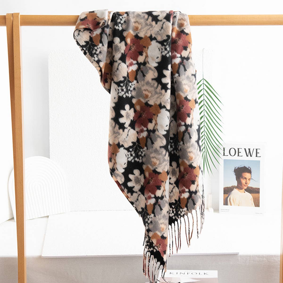 FLORAL FAUX CASHMERE SCARF SOFT WARM TASSEL SHAWL_CWASC0913