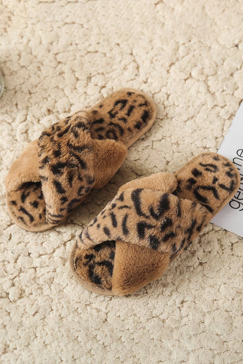 LEOPARD PATTERN CROSS FLUFFY HOME BEDROOM SLIPPERS_CWSHS0228