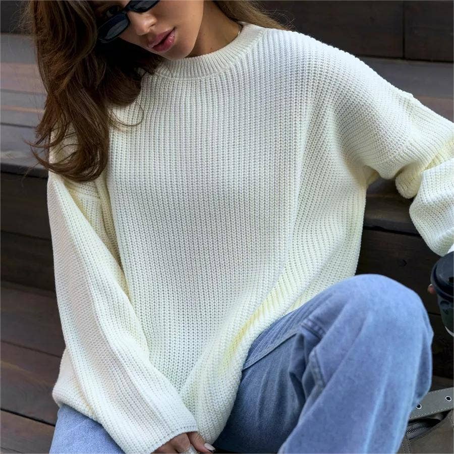 Solid Color Crew Neck Loose Knit Sweater