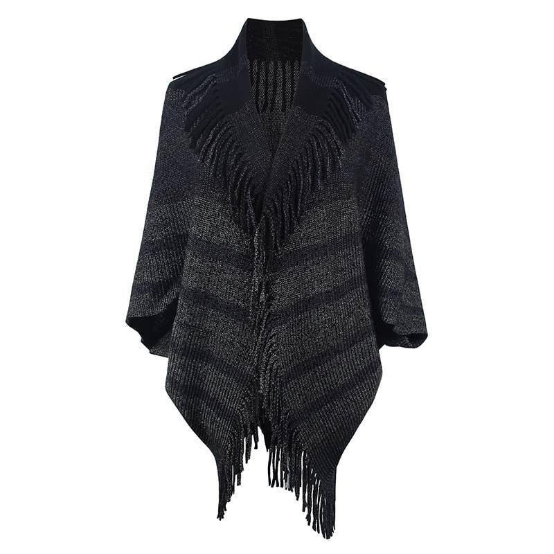 Fringed Cape Coat Knitted Striped Cape Woman