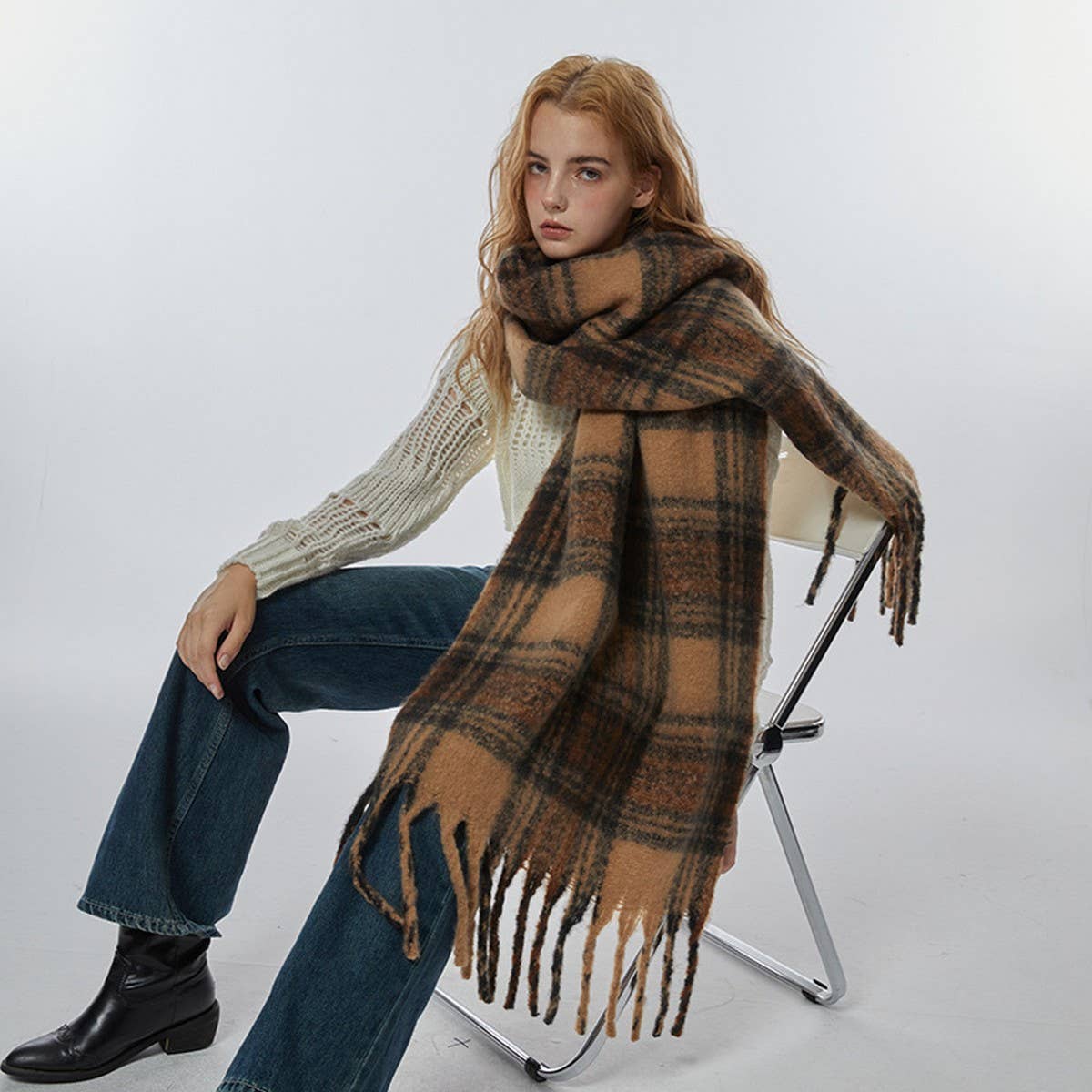 Wide Faux Cashmere Tassel Scarf-Winter Plaid Shawl_Cwasc2309