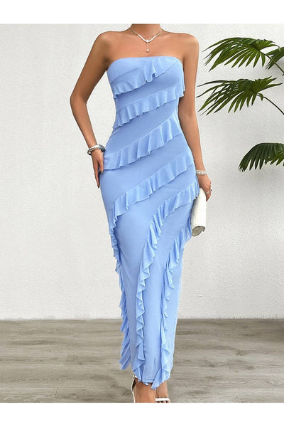 CWDMD2400_Sexy Strapless Backless Split Ruffle Dress