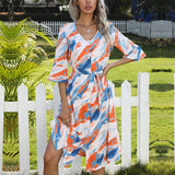 Tie Dye V-Neck Dress With Button Up
