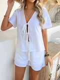 V-Neck Cardigan Shorts Loose Two-Piece Set