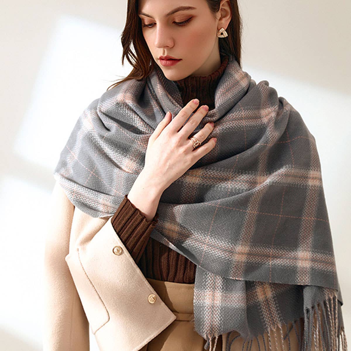 PLAID FAUX CASHMERE SCARF TASSEL WINTER SHAWL_CWASC0218