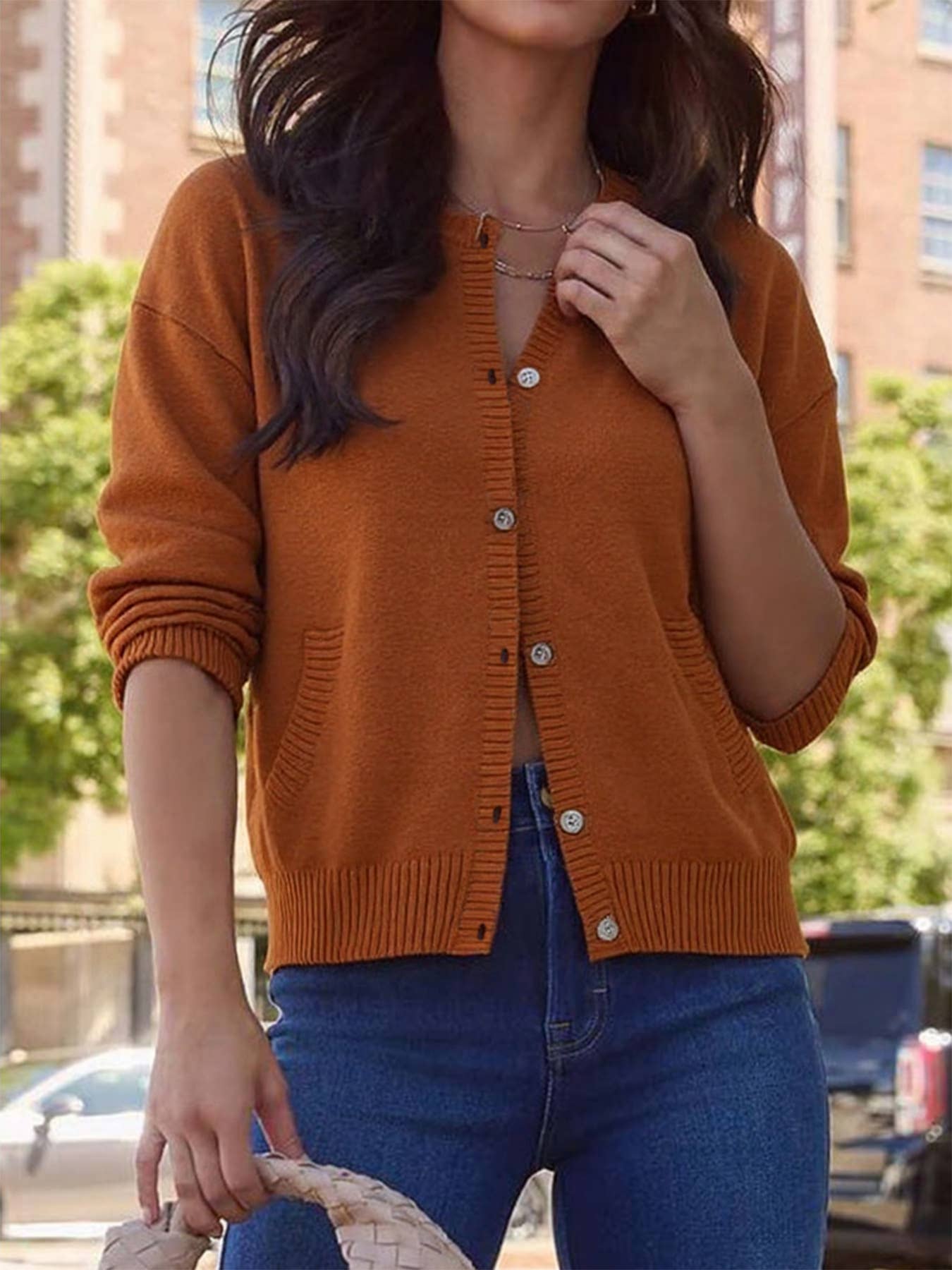 Solid-Color Long Sleeve Single-Breasted Cardigan