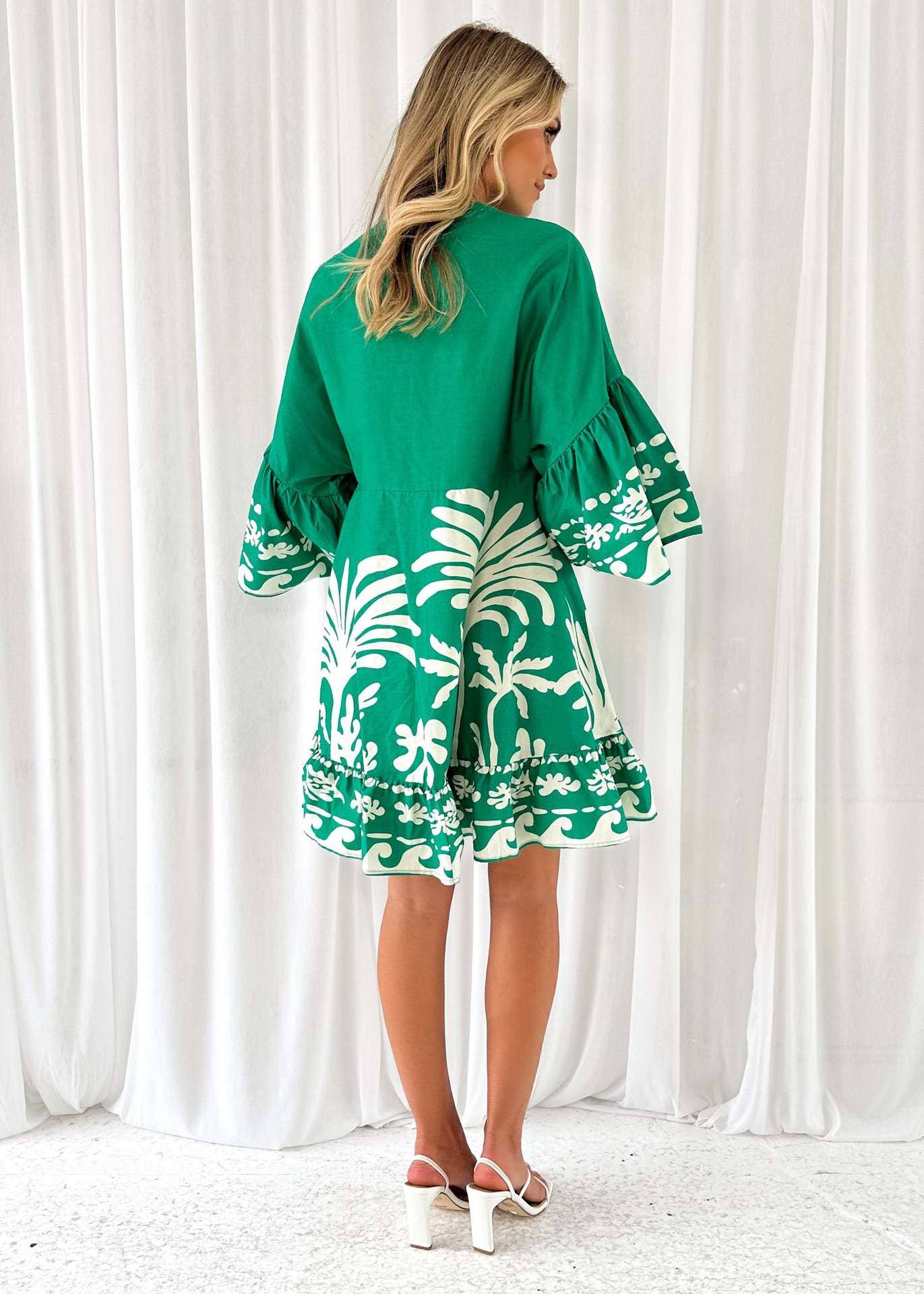 V-Neck Print Flared Sleeves Loose Short Dress