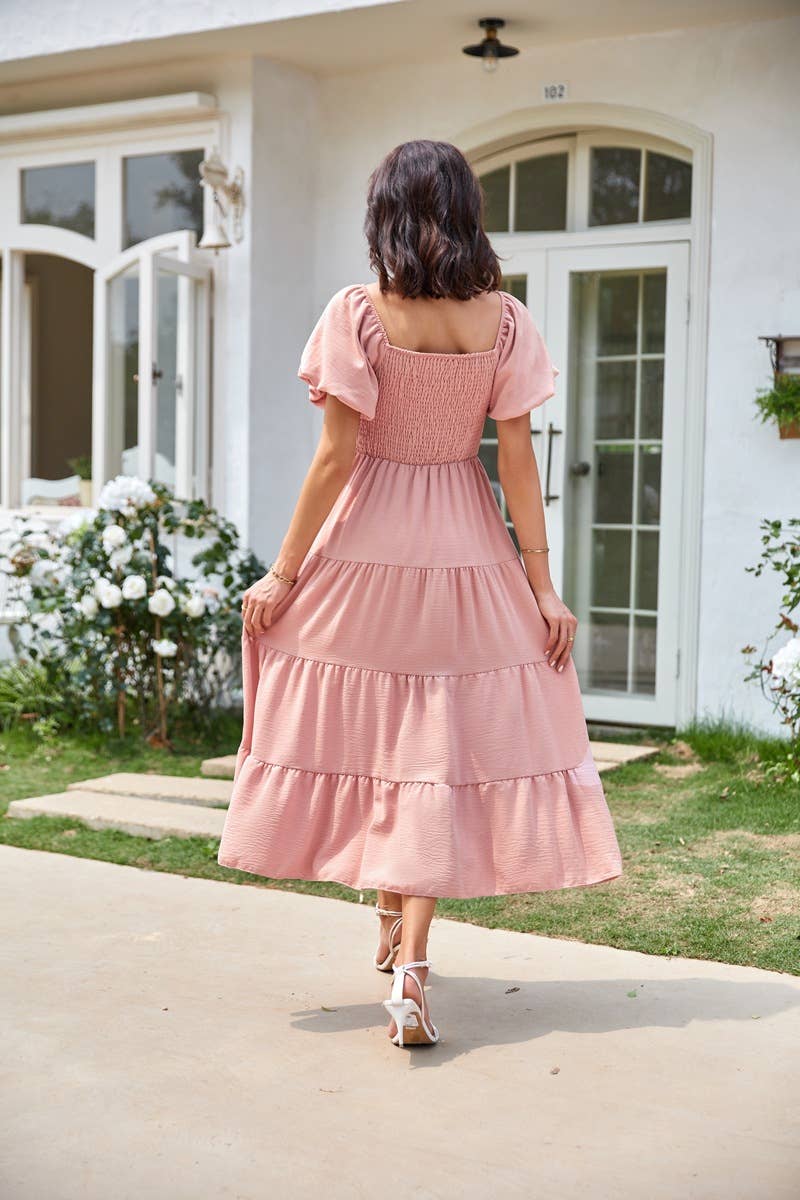 Square Neck Backless Puffy Sleeve Pleated Dress