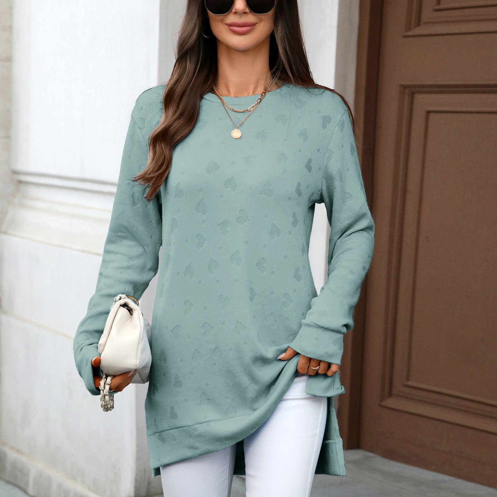 Solid-Color Round-Neck Long-Sleeved Slit T-Shirt