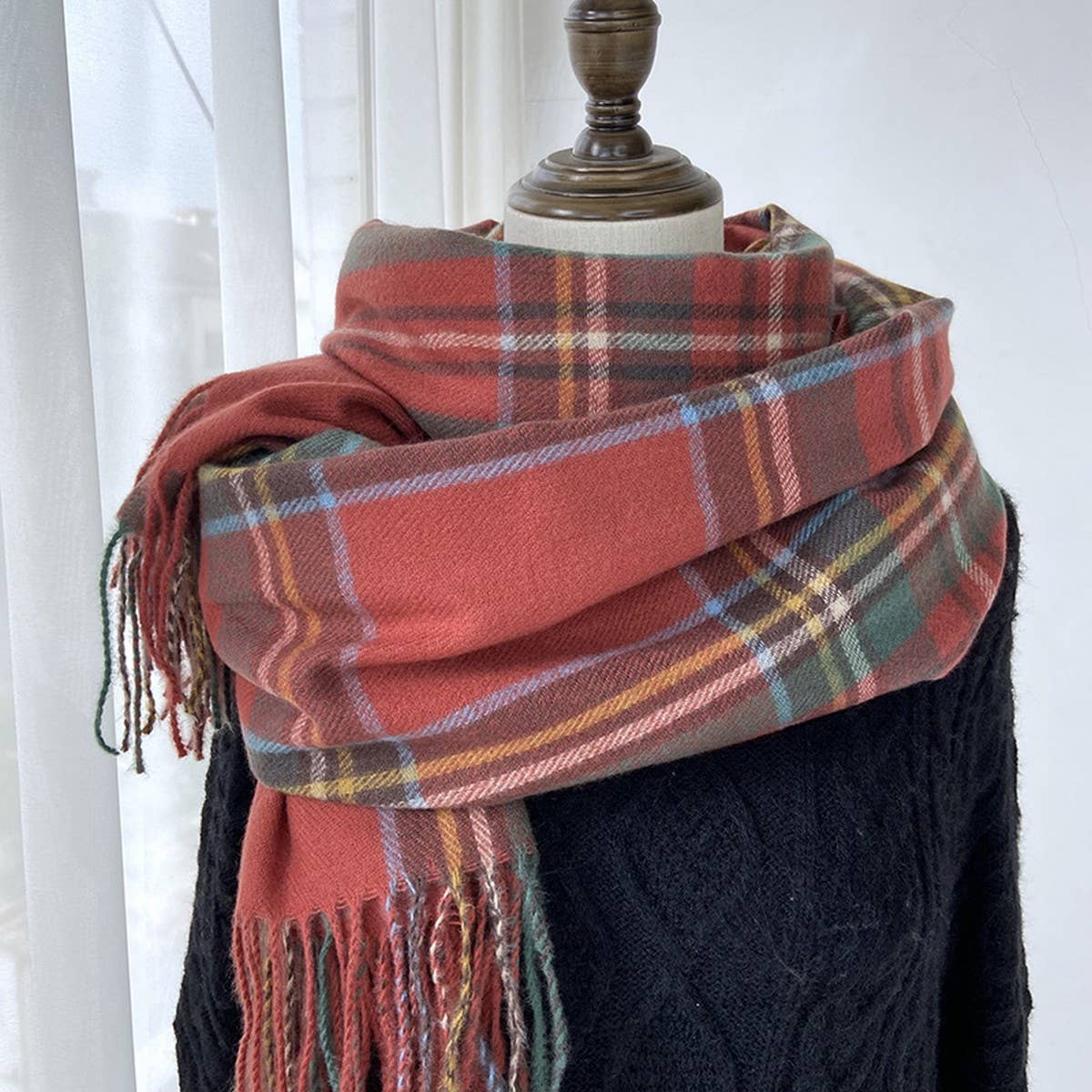 PLAID WINTER SCARF VINTAGE TASSEL SHAWL FOR WOMEN_CWASC1473