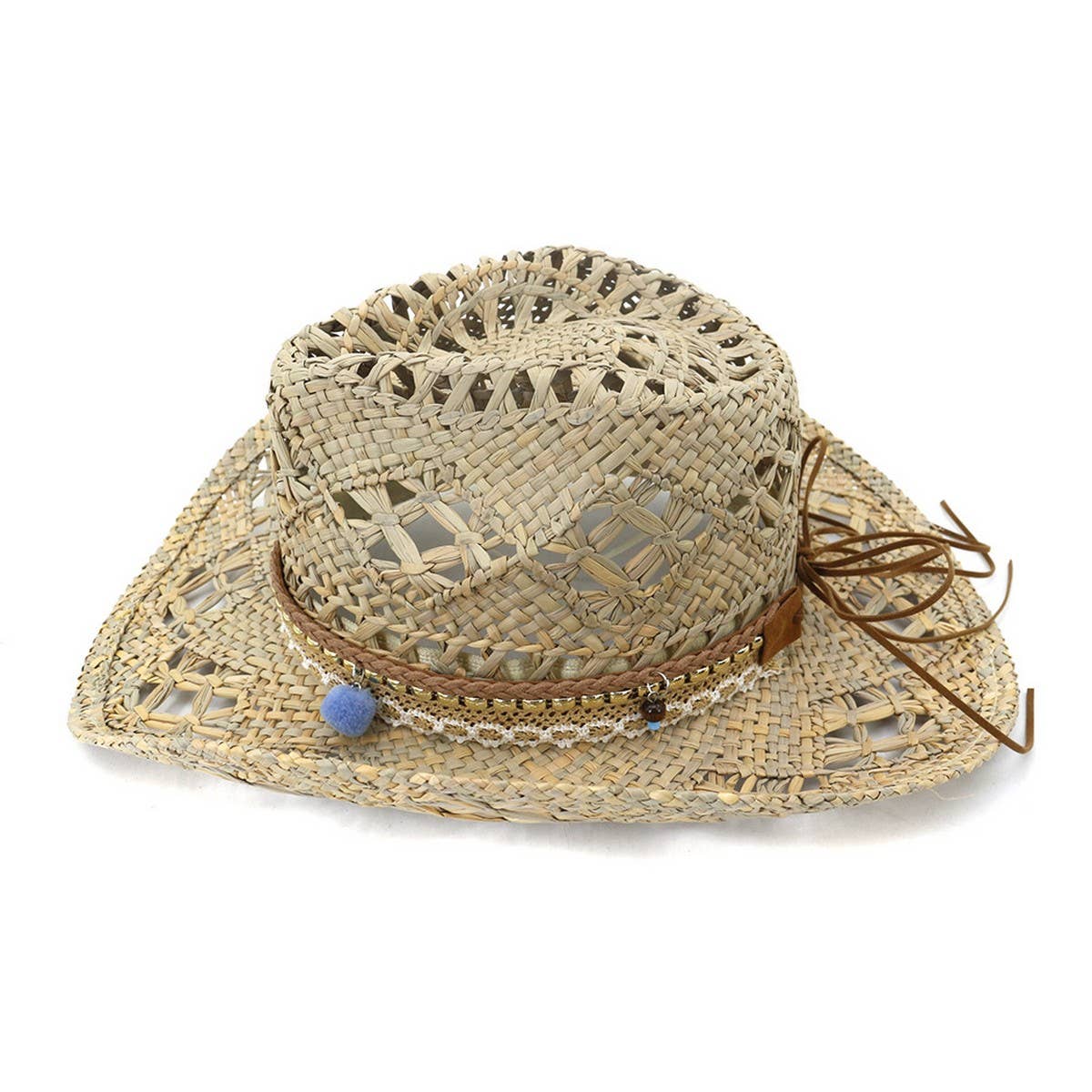 BEADED ROPE HANDMADE SEAGRASS COWBOY SUN HAT_CWAH1251