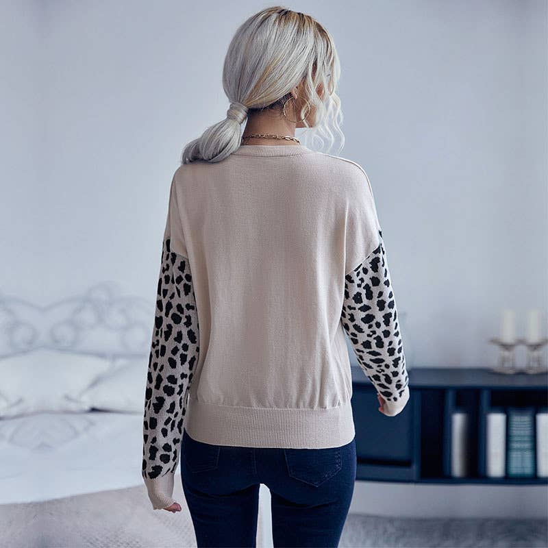 V-Neck Knit Pullover With Leopard Splicing Primer