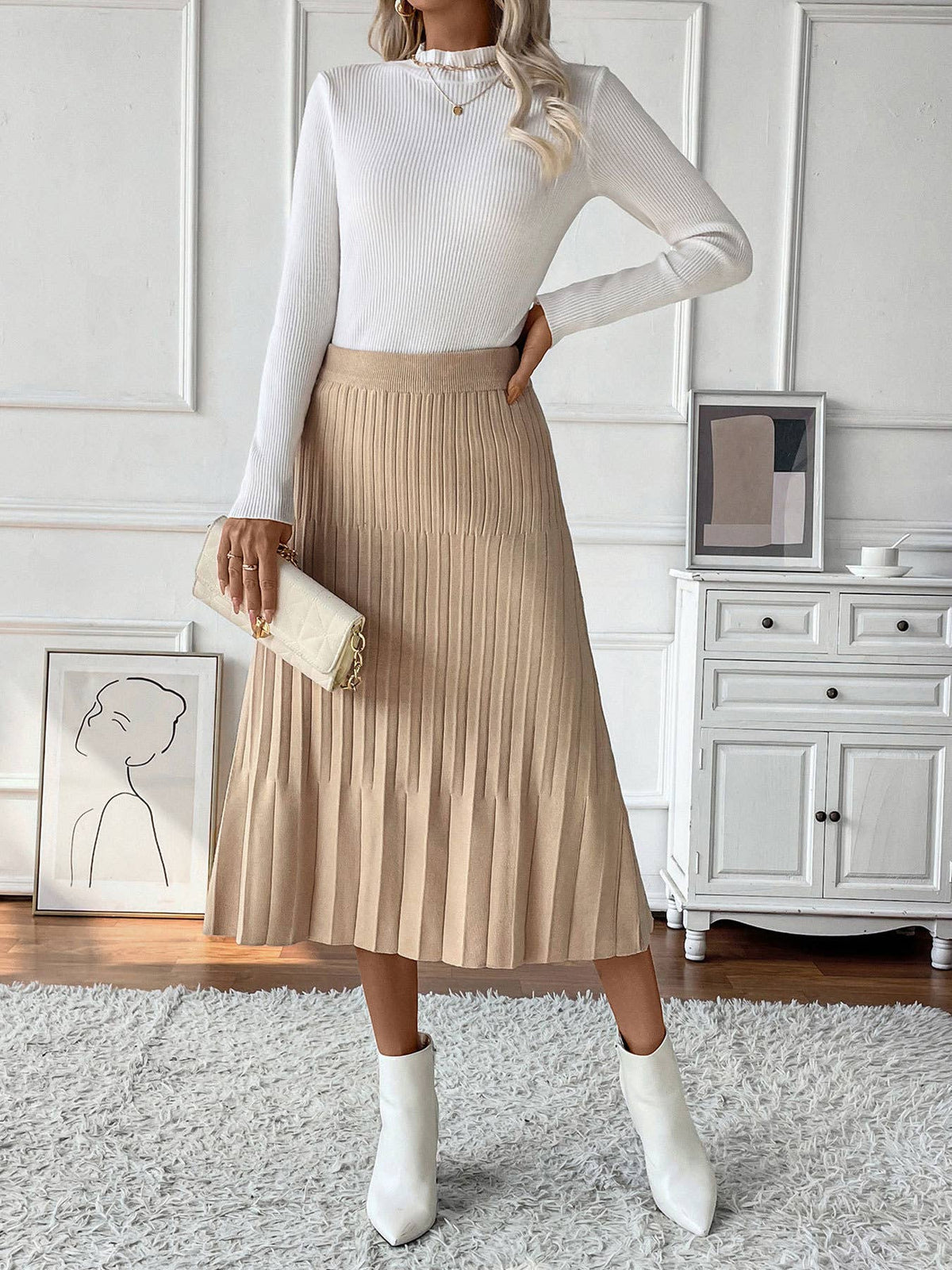 Temperament Commuter Pleated Solid Color Skirt