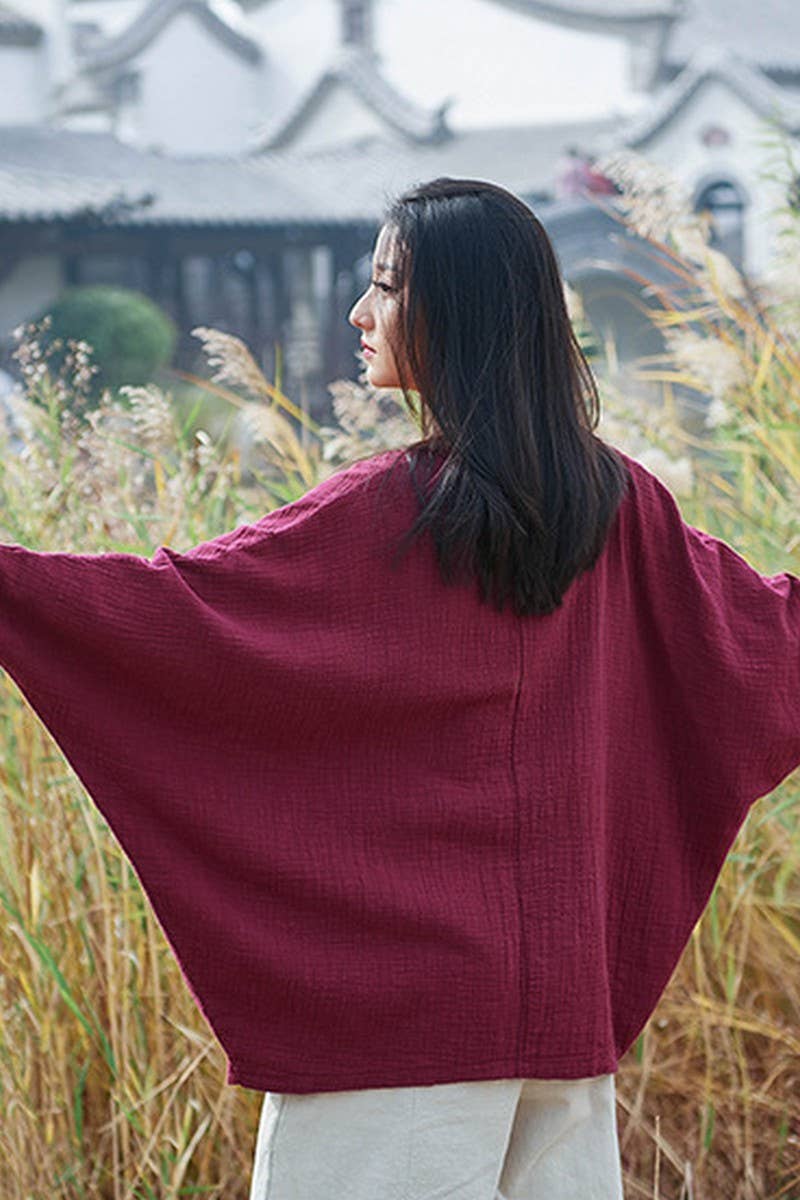 Cwtbll2463_Cotton And Linen Pullover V-Neck Bat T-Shirt