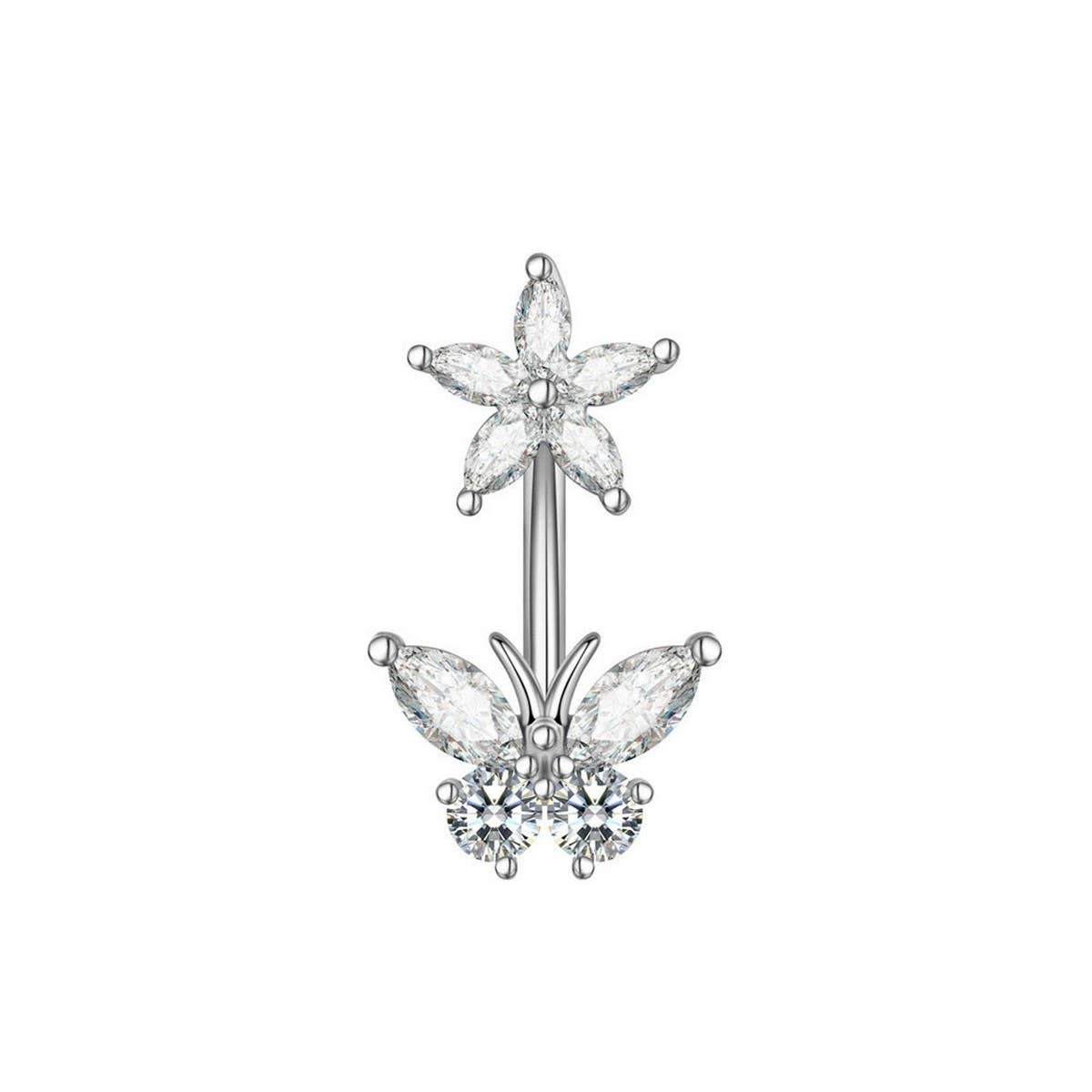 FLOWER BUTTERFLY ZIRCON STAINLESS STEEL BELLY RING_CWMM9471