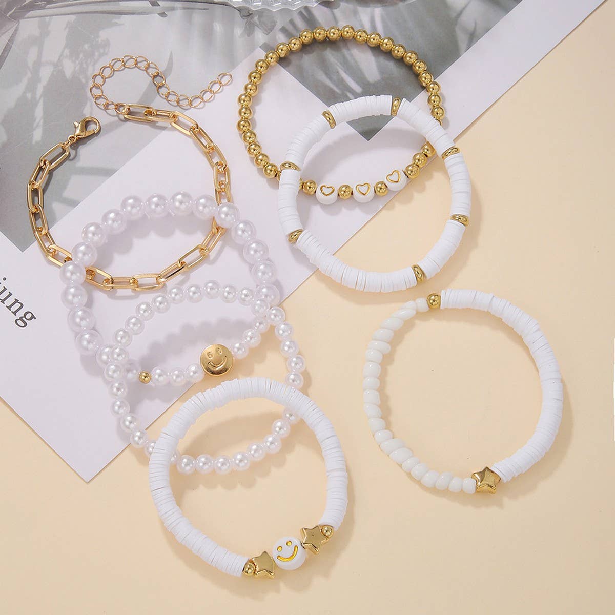 White Polymer Clay Star Smiley Face Bracelet Set_Cwmm3540