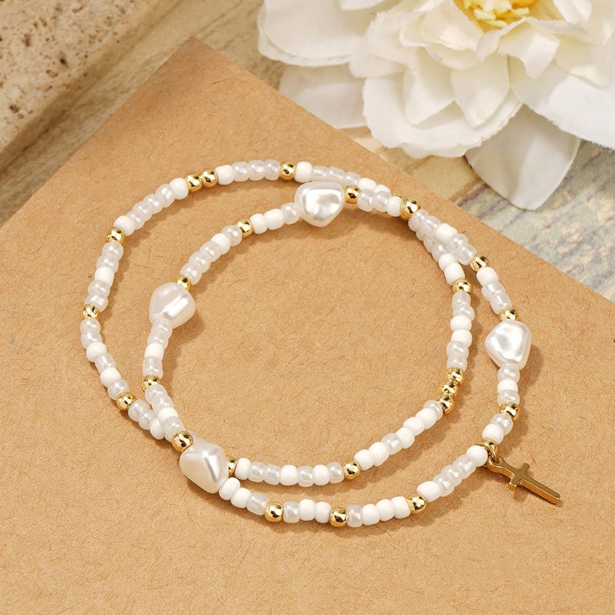 IMITATION PEARL CROSS RICE BEAD BRACELET_CWMM3847