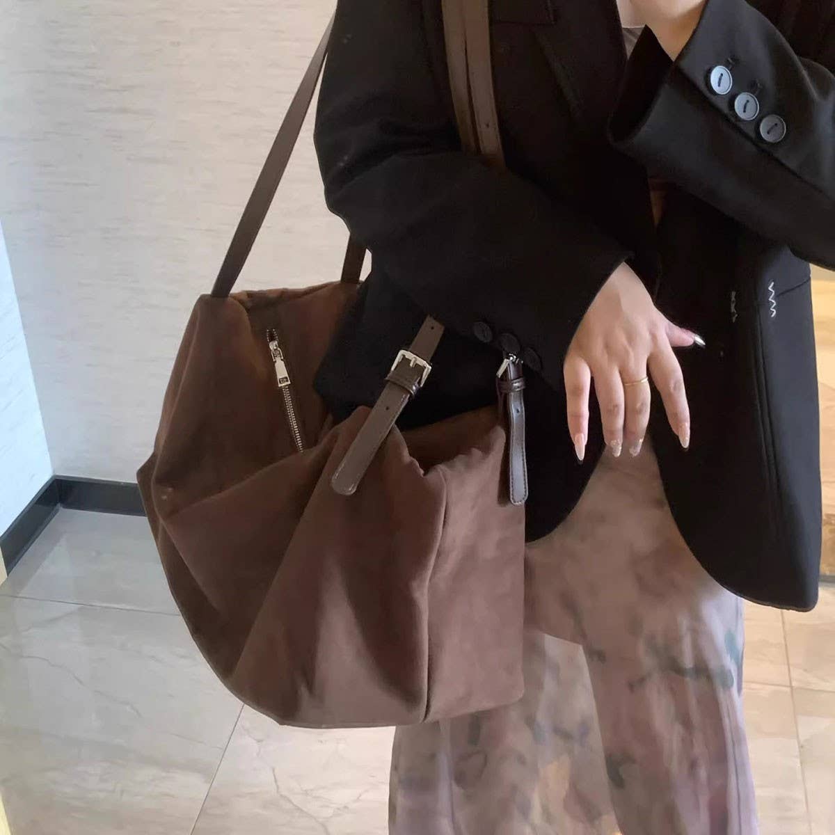 Large Capacity Velvet Double Strap Shoulder Bag_Cwab4113