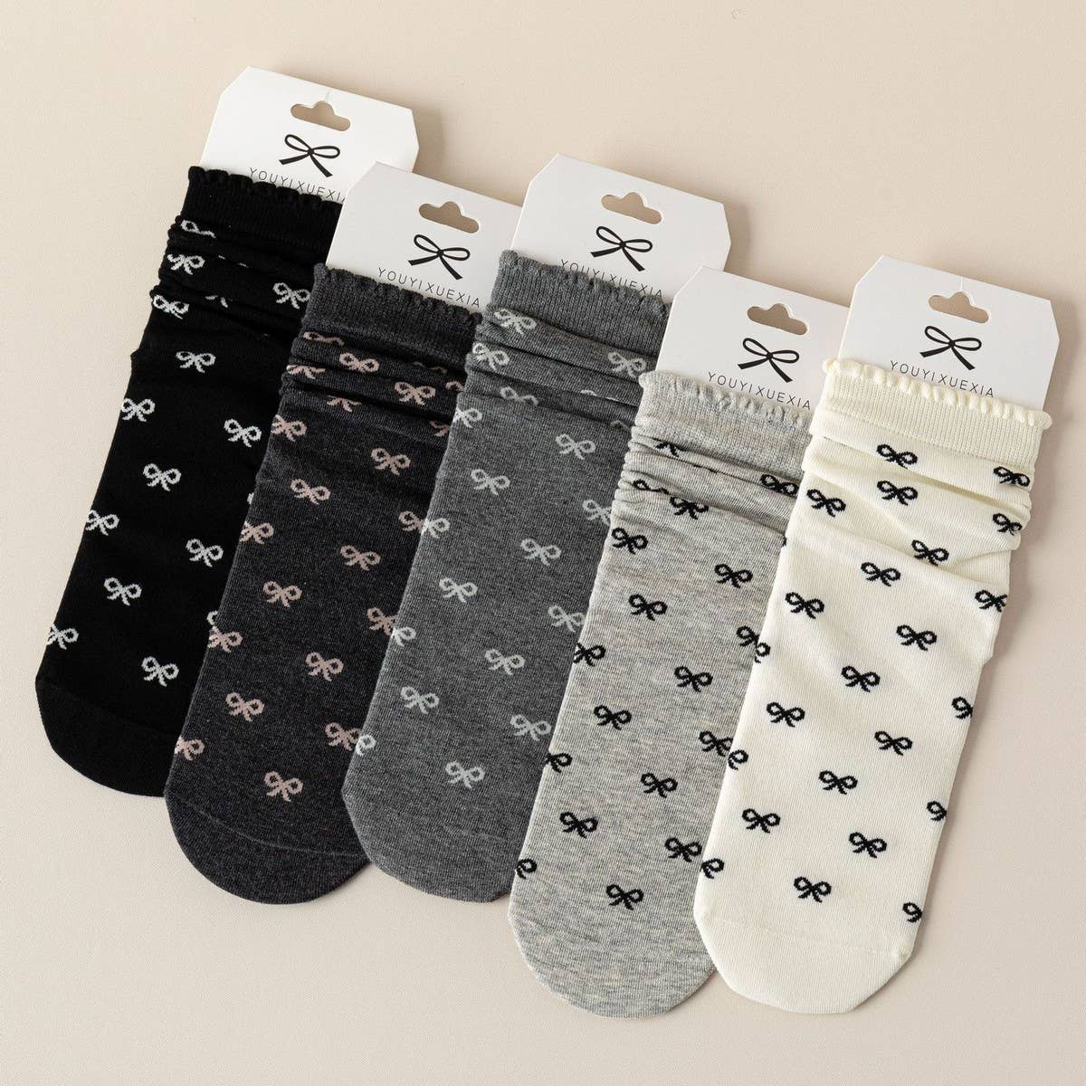 Versatile Wood Ear Lace Bowknot Mid-Calf Socks_Cwms1363