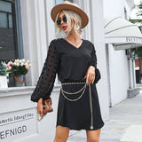 V-Neck Skirt Fluoroscopy Long-Sleeved Dress