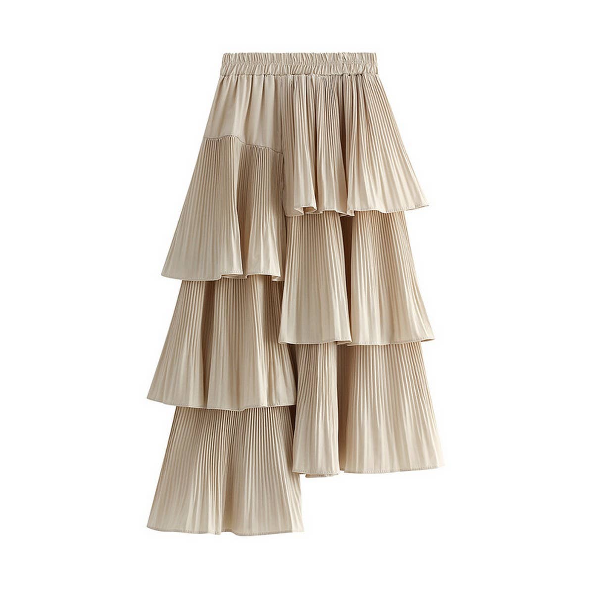 ASYMMETRICAL RUFFLED PLEATED TIERED MIDI SKIRT_CWBMS0392