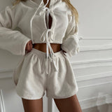 Plush Lace-Up Casual Home Crop Top And Shorts Set